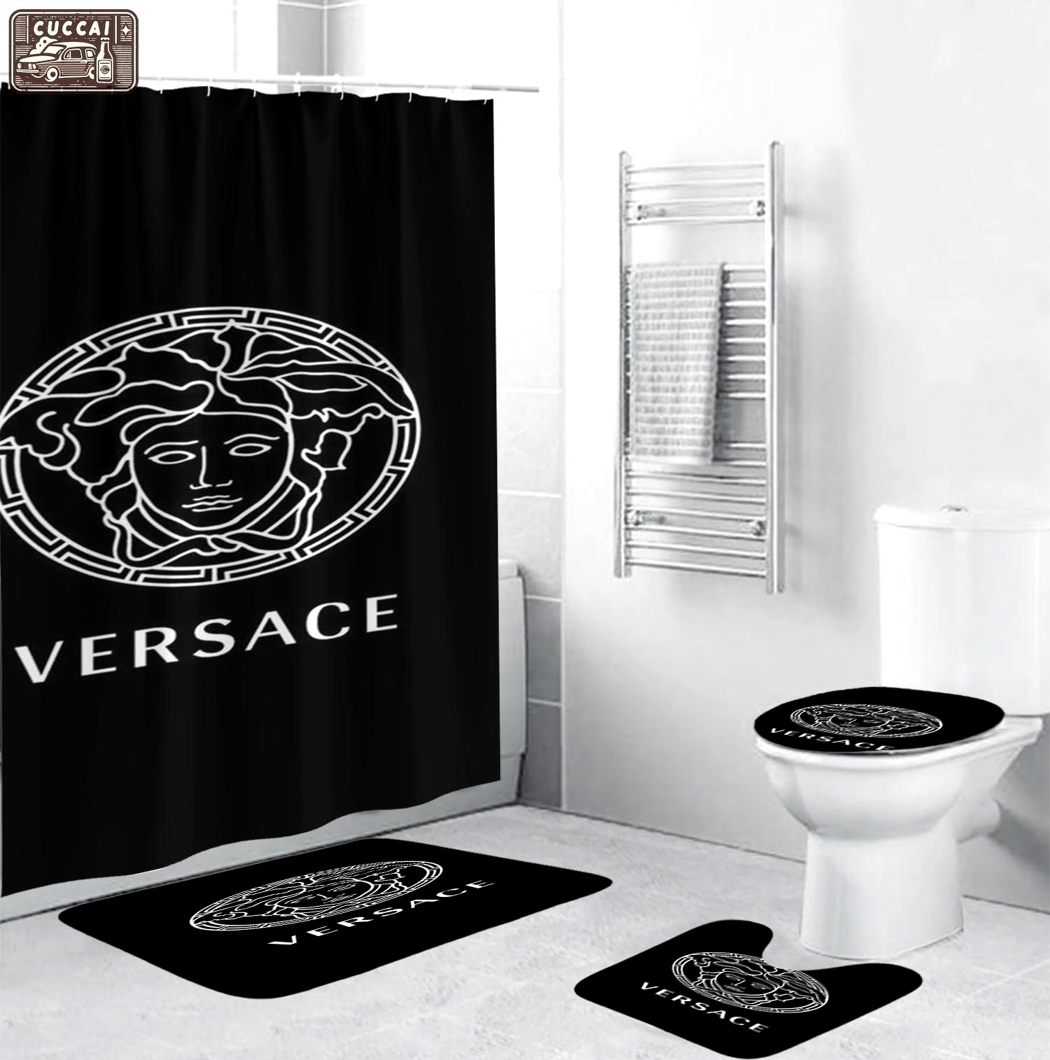 Gianni versace black logo type 1935 Bathroom Accessory Sets Home Decor Pedestal Rug Bath Mat Set Luxury Fashion Brand Hypebeast Bathroom Waterproof Shower Curtain Bathroom Sets Toilet Cover