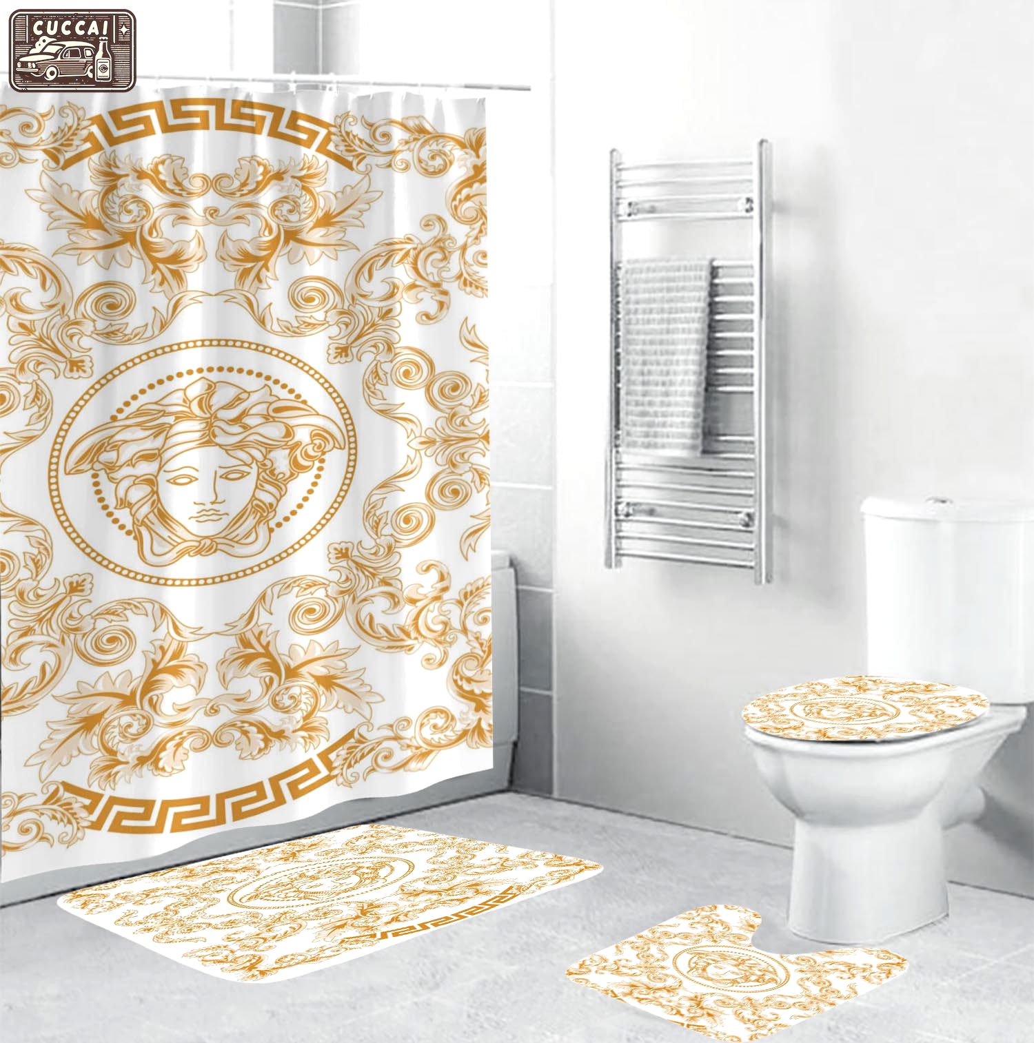 Gianni versace logo type 1928 Bathroom Accessory Sets Waterproof Shower Curtain Bath Mat Set Luxury Fashion Brand Bathroom Sets Pedestal Rug Hypebeast Bathroom Home Decor Toilet Cover
