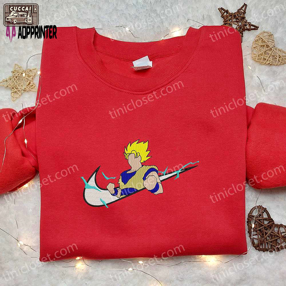 Goku super saiyan 2 x nike swoosh anime sweatshirt – dragon ball embroidered shirt cool anime clothing Embroidered Shirt