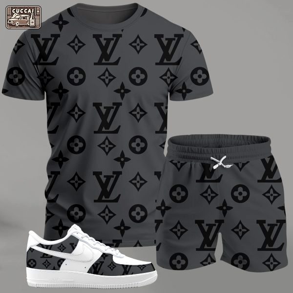 Grey monogram streetwear set for men, all-over pattern t-shirt and shorts combo with contrast sneakers T-Shirt Short Sneakers Set