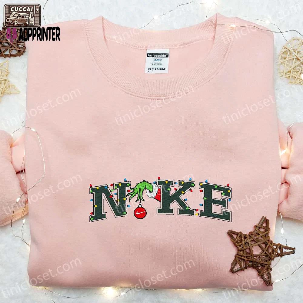 Grinch hand christmas x nike embroidered sweatshirt – best nike inspired hoodie for christmas gift Embroidered Shirt