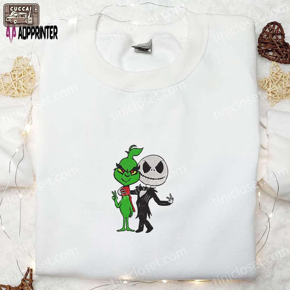 Grinch & jack skellington friends embroidered shirt – funny halloween gift for family Embroidered Shirt