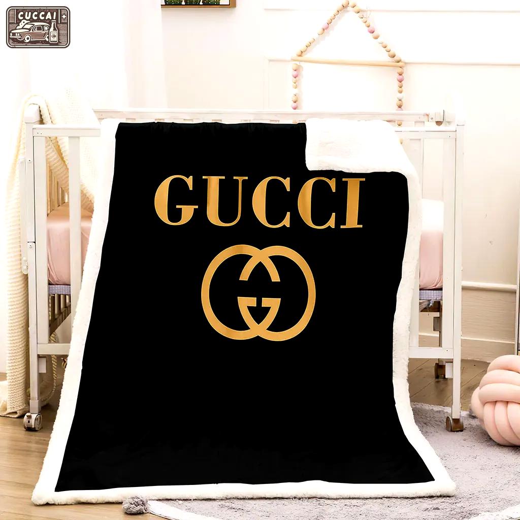 Gucci golden logo black luxury brand premium blanket fleece home decor 34 Blanket Fleece