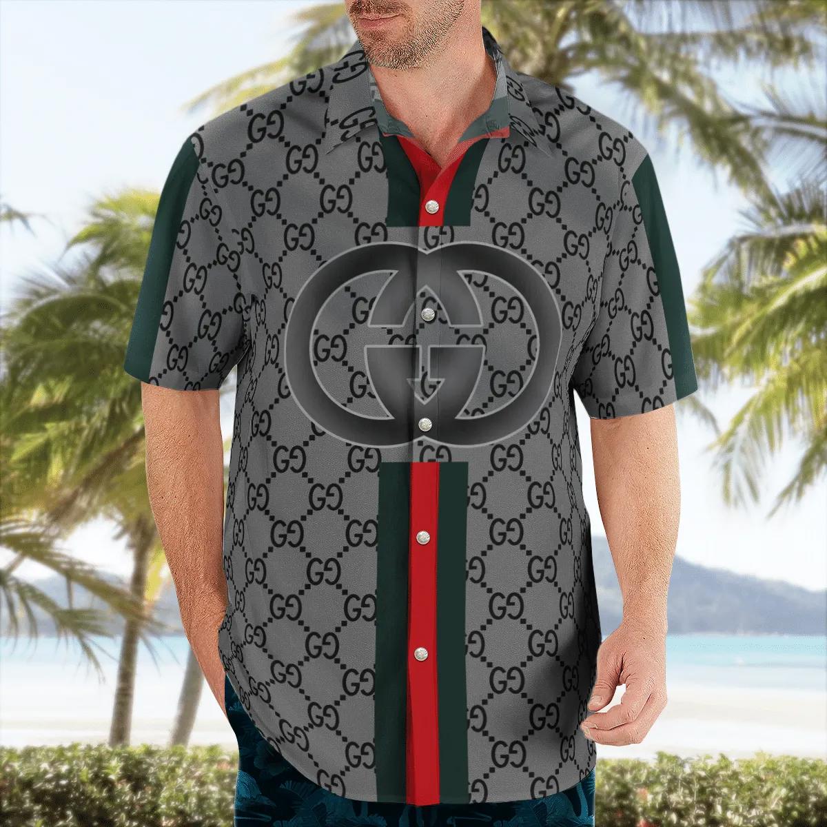 Gucci grey stripes luxury brand premium fashion hawaii shirt for men 32 Hawaii Shirt