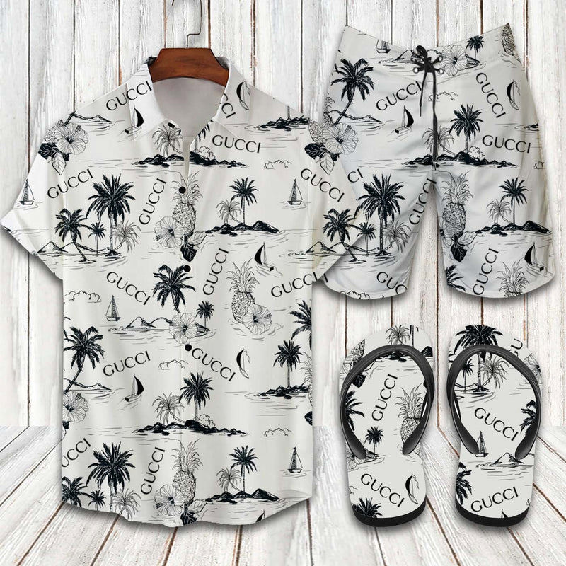 Gucci limited hawaiian shirt beach shorts and flip flops combo Hawaii Shirt Shorts & Flip Flops