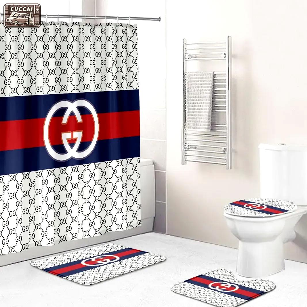 Gucci logo type 1180 Bathroom Accessory Sets Waterproof Shower Curtain Toilet Cover Bathroom Sets Luxury Fashion Brand Bath Mat Set Pedestal Rug Hypebeast Bathroom Home Decor