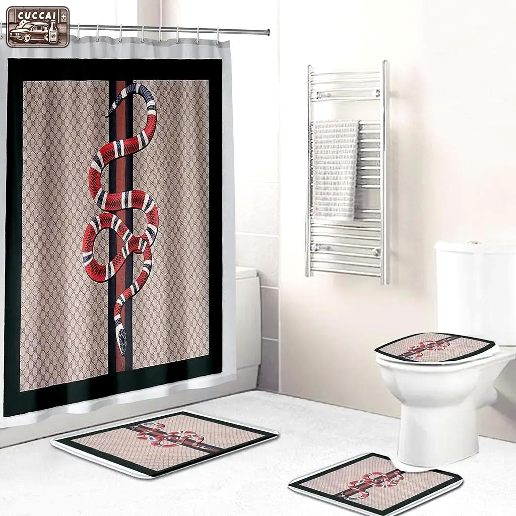 Gucci logo type 1184 Bathroom Accessory Sets Luxury Fashion Brand Pedestal Rug Waterproof Shower Curtain Bath Mat Set Home Decor Hypebeast Bathroom Bathroom Sets Toilet Cover