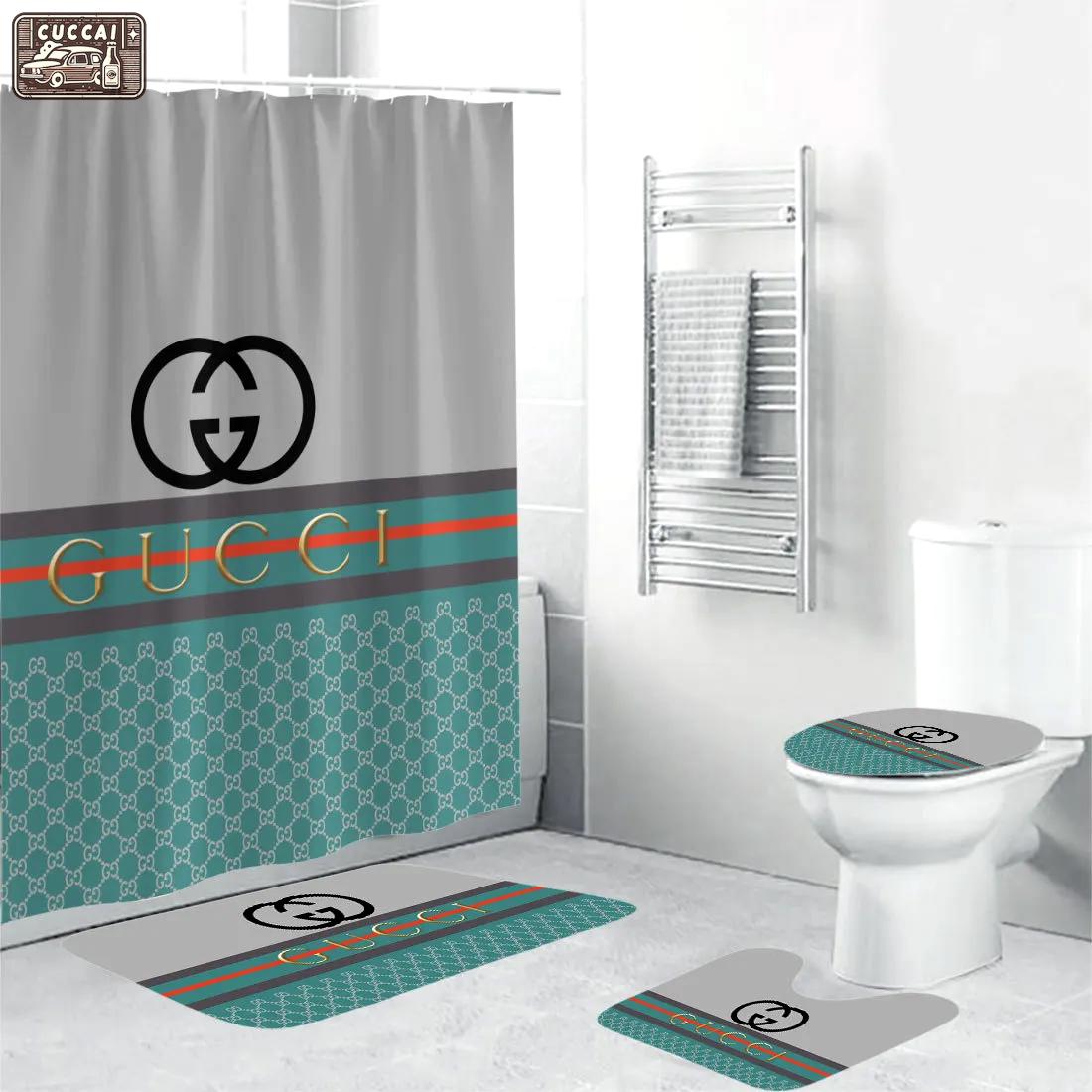 Gucci logo type 463 Bathroom Accessory Sets Home Decor Pedestal Rug Bathroom Sets Bath Mat Set Waterproof Shower Curtain Hypebeast Bathroom Luxury Fashion Brand Toilet Cover