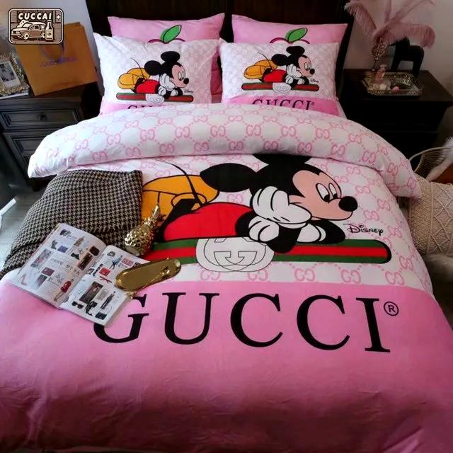 Gucci mickey mouse disney luxury brand bedding sets bedspread duvet cover set, bedroom decor , thanksgiving decorations for home best luxury bed sets gift thankgivings and christmas Bedding Sets