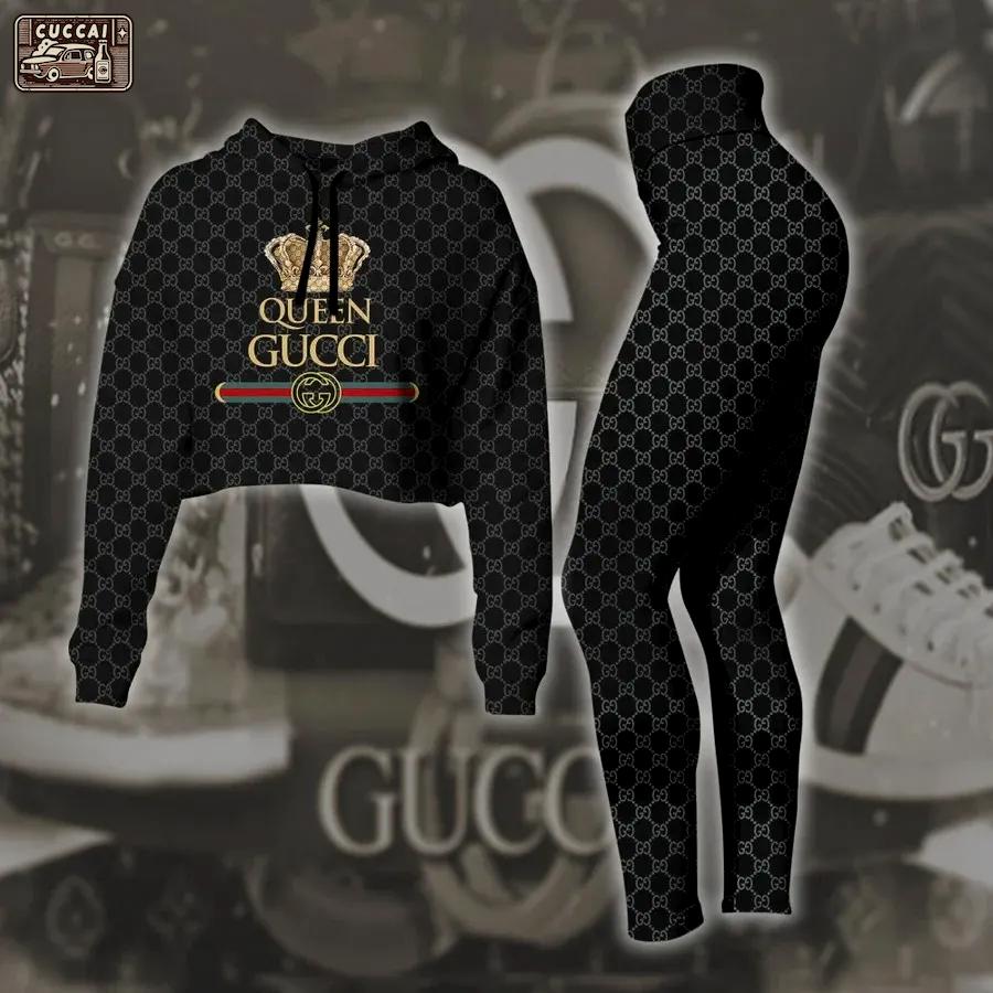Gucci queen luxury brand clothes premium leggings and crop top set for women Croptop Hoodie Legging Set