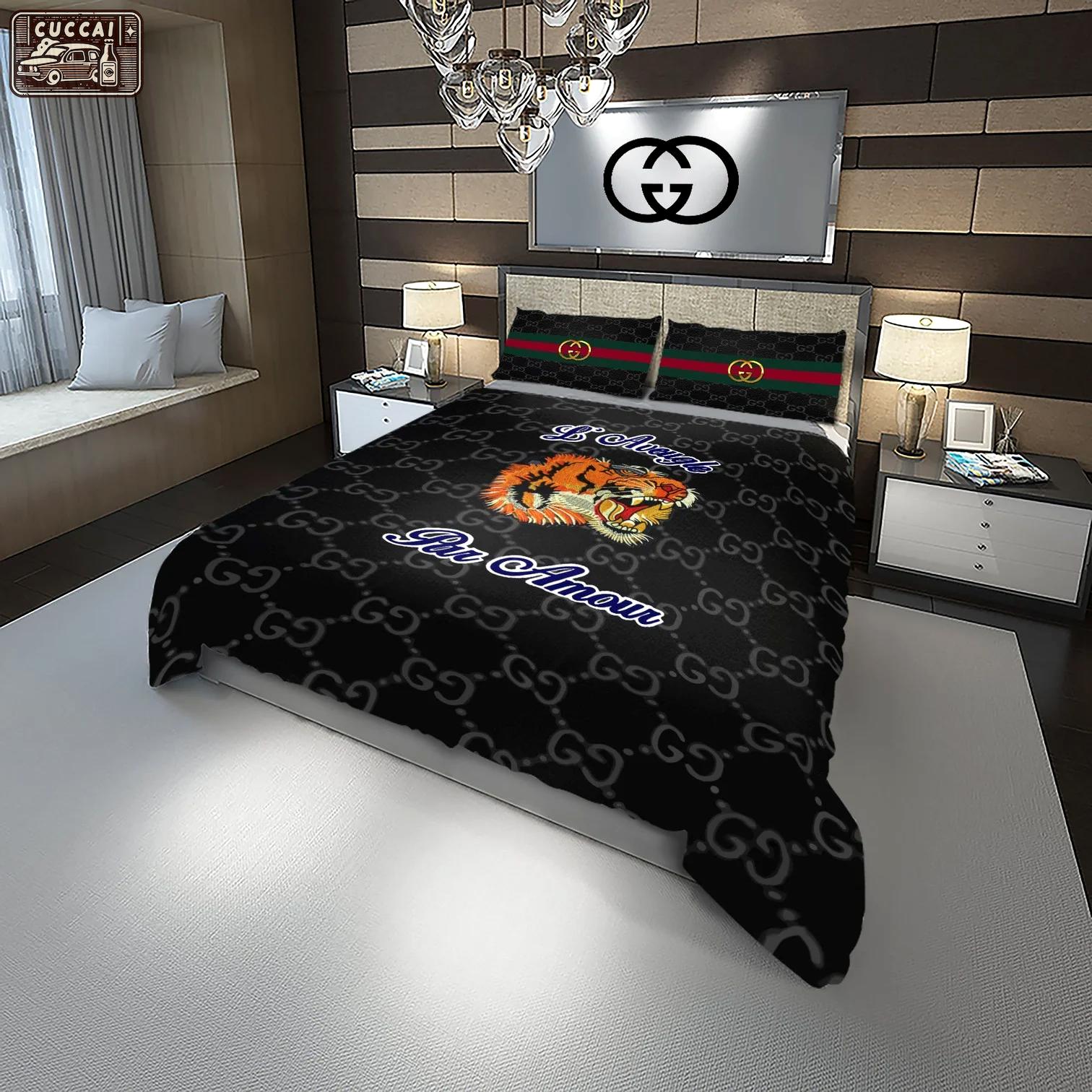 Gucci tiger fashion logo luxury brand premium bedding sets, bedroom decor , thanksgiving decorations for home Bedding Sets