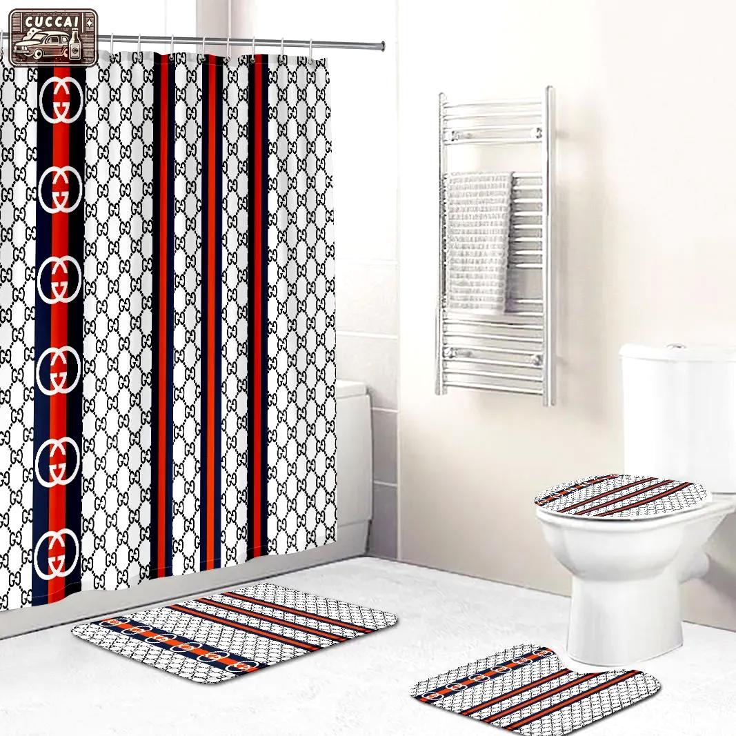 Gucci white black red full logo type 915 Bathroom Accessory Sets Home Decor Toilet Cover Waterproof Shower Curtain Hypebeast Bathroom Pedestal Rug Bath Mat Set Bathroom Sets Luxury Fashion Brand