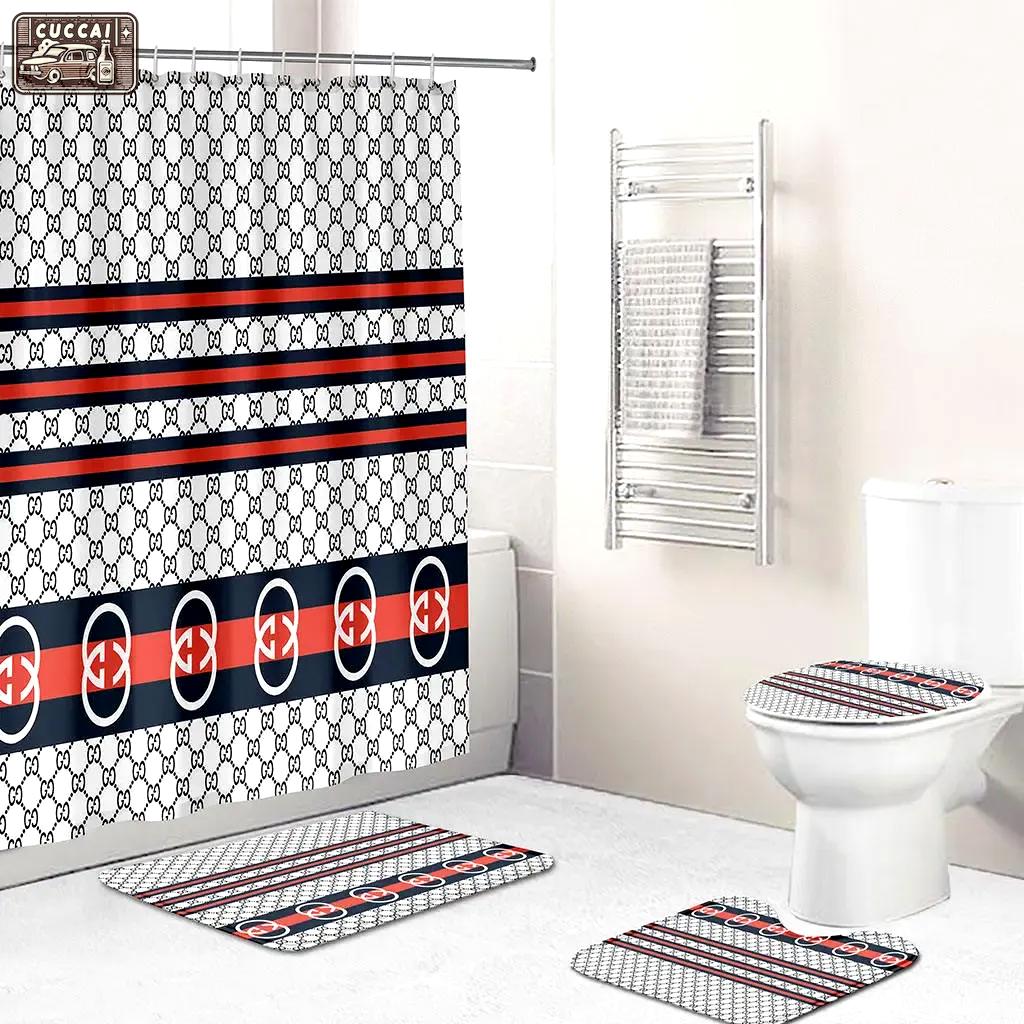 Guccinew logo type 1243 Bathroom Accessory Sets Hypebeast Bathroom Toilet Cover Waterproof Shower Curtain Bath Mat Set Pedestal Rug Bathroom Sets Luxury Fashion Brand Home Decor
