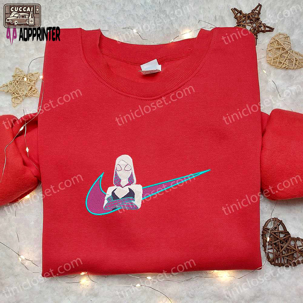 Gwen stacy x nike swoosh cartoon embroidered tshirt marvel comic shirt nike inspired tee Embroidered Shirt