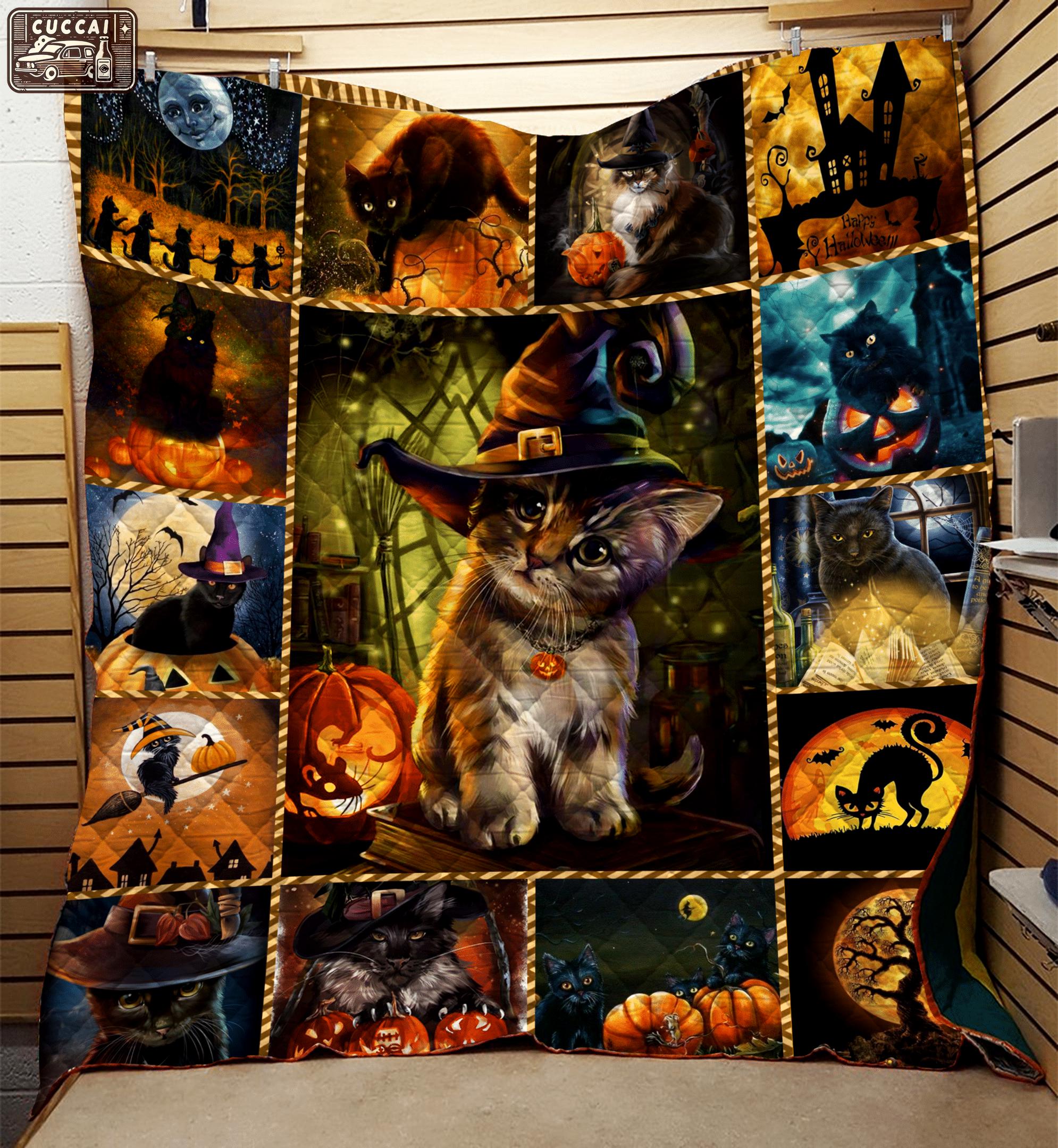 Halloween decorations amazing halloween cat sherpa twin queen king quilt blanket Quilt Blanket