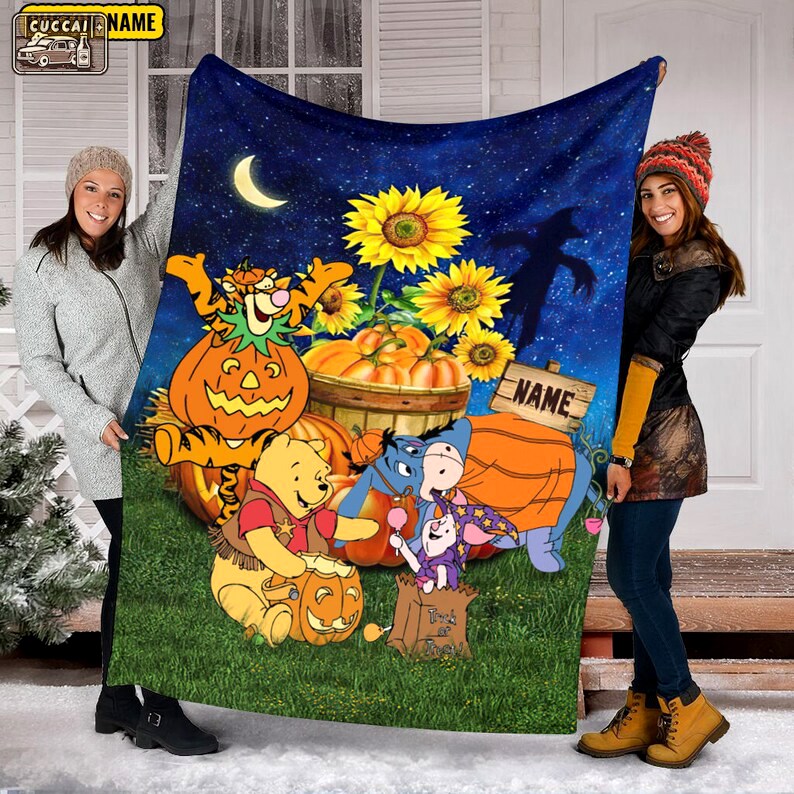Halloween decorations custom name blanket, halloween winnie the pooh blanket pumpkin halloween, thanksgiving blanket, fall autumn halloween, tiger, eeyore piglet Quilt Blanket