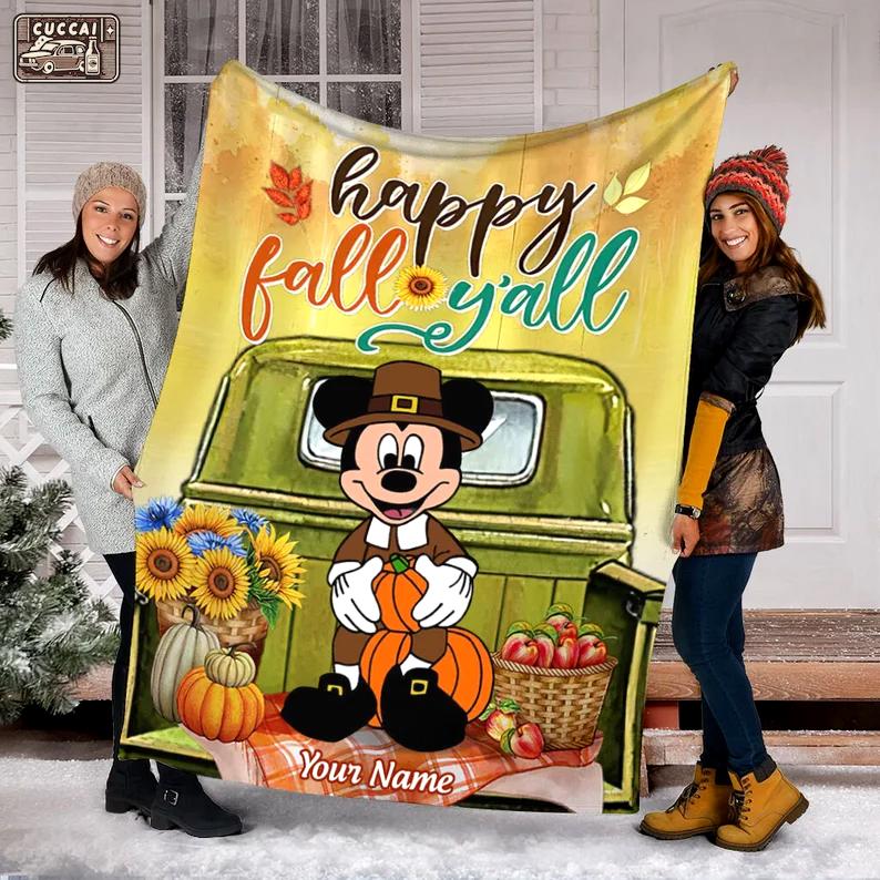 Halloween decorations custom name mickey halloween blanket, happy fall season yall blanket, mickey fall autumn halloween blanket, thanksgiving blanket, pumpkin Quilt Blanket