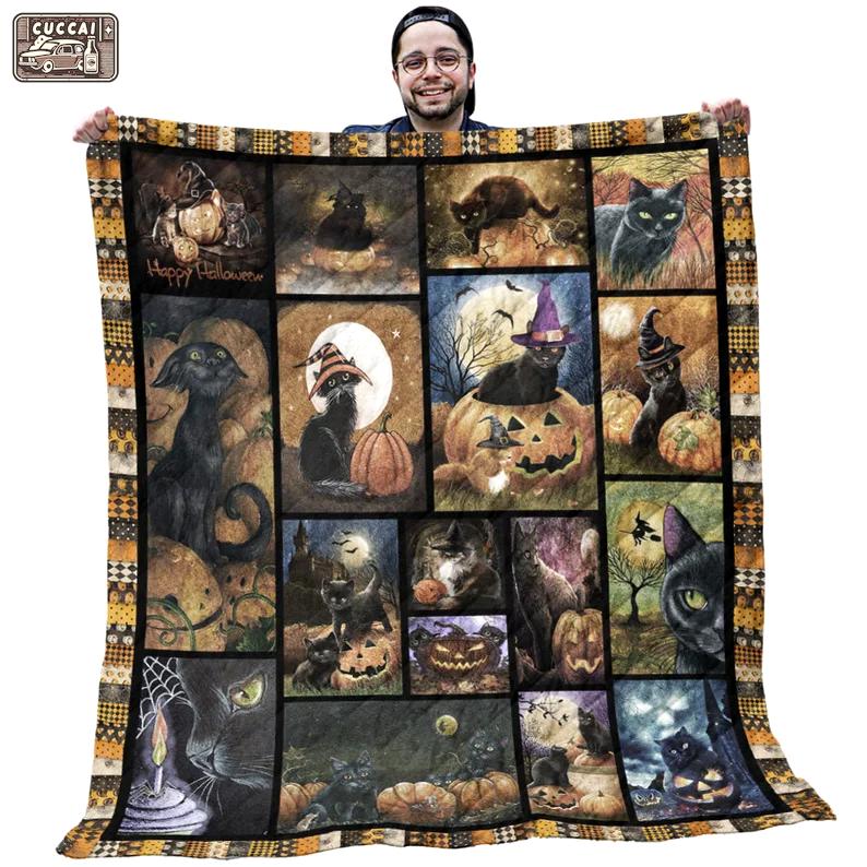 Halloween decorations halloween cat blanket - cat halloween happy vintage halloween quilt blanket - gifts for cat lovers Quilt Blanket