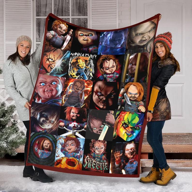 Halloween decorations halloween chucky blanket, play it horror character blanket, fleece mink sherpa halloween blanket, creepy halloween movies blanket, gift fan Quilt Blanket