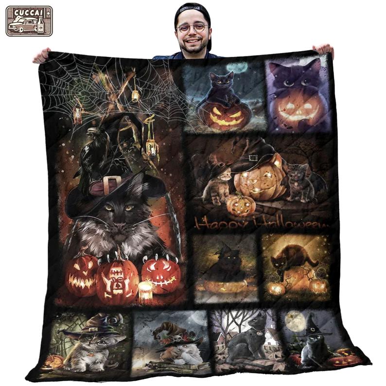 Halloween decorations pumpkin quilt - black cat halloween with scary pumpkin spooky house quilt - gifts for pumpkin lovers Quilt Blanket