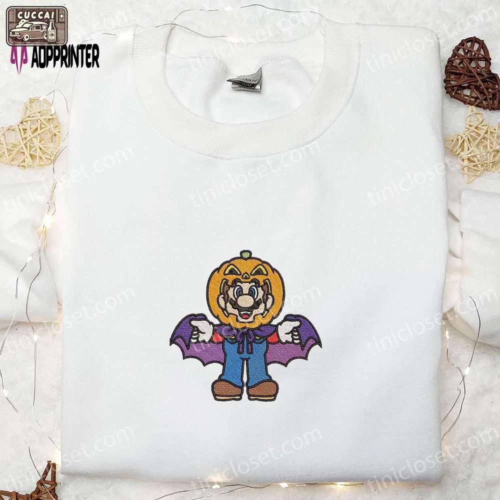 Halloween mario pumpkin embroidered shirt hoodie & sweatshirt – funny cute & spooky designs Embroidered Shirt