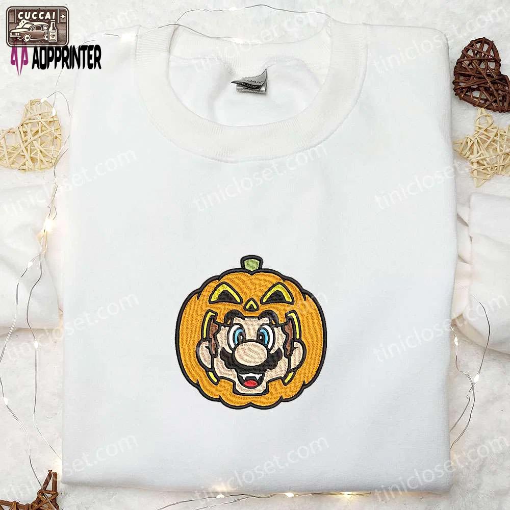Halloween mario pumpkin embroidered shirt sweatshirt & hoodie – funny & cute designs! Embroidered Shirt