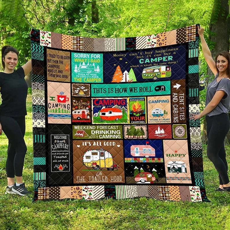 Happy camp camper camping blanket, this is how we roll blanket, i love camping blanket, campfires camping trip gifts, christmas gifts Quilt Blanket