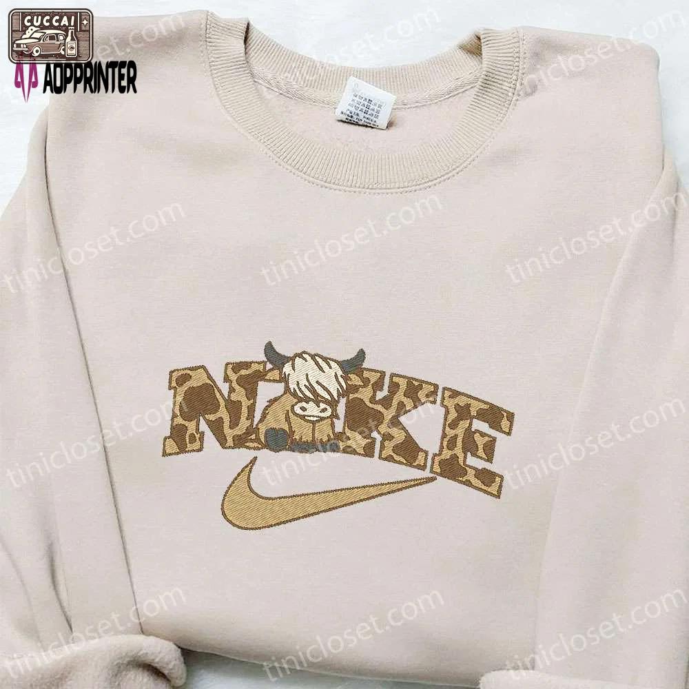 Highland cattle x nike animal embroidered shirt – unique nike inspired gift for family Embroidered Shirt