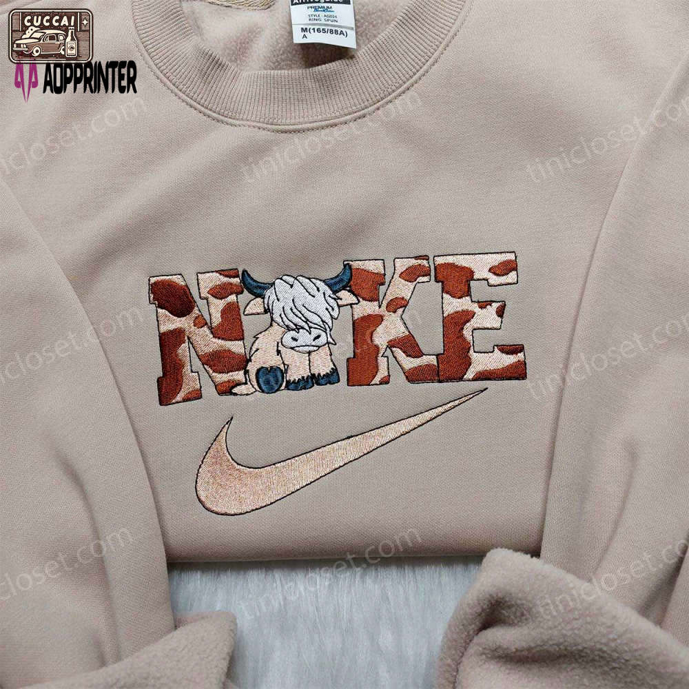 Highland cow nike embroidered shirt – trendy sweatshirt with custom nike style Embroidered Shirt