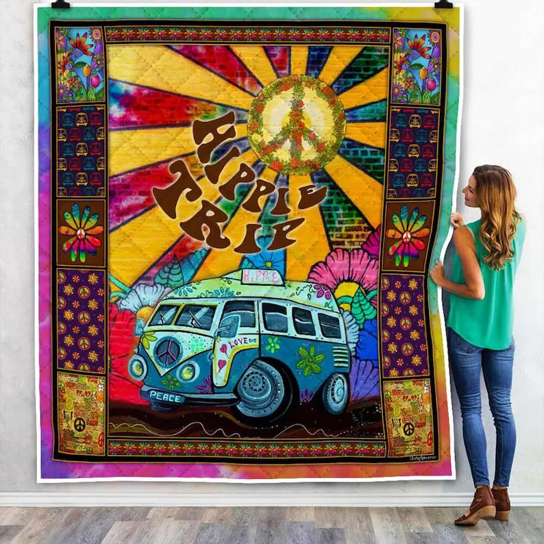 Hippie trip fleece blanket, peace love happy blanket, hippie peace symbol blanket, hippie love peace blanket, birthday gift, christmas gifts Quilt Blanket