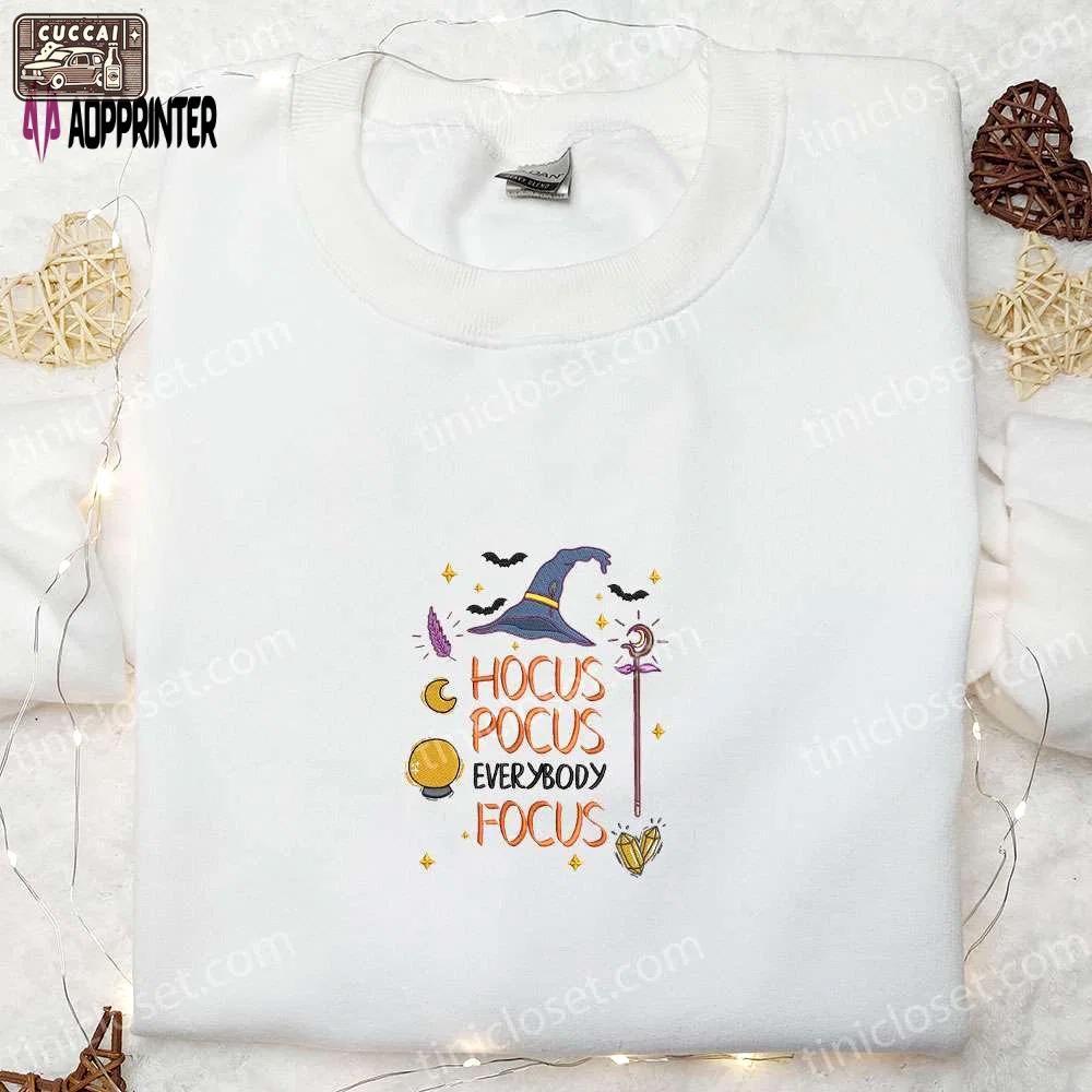 Hocus pocus everybody focus: vintage halloween embroidered sweatshirt & hoodie – best family halloween gifts Embroidered Shirt