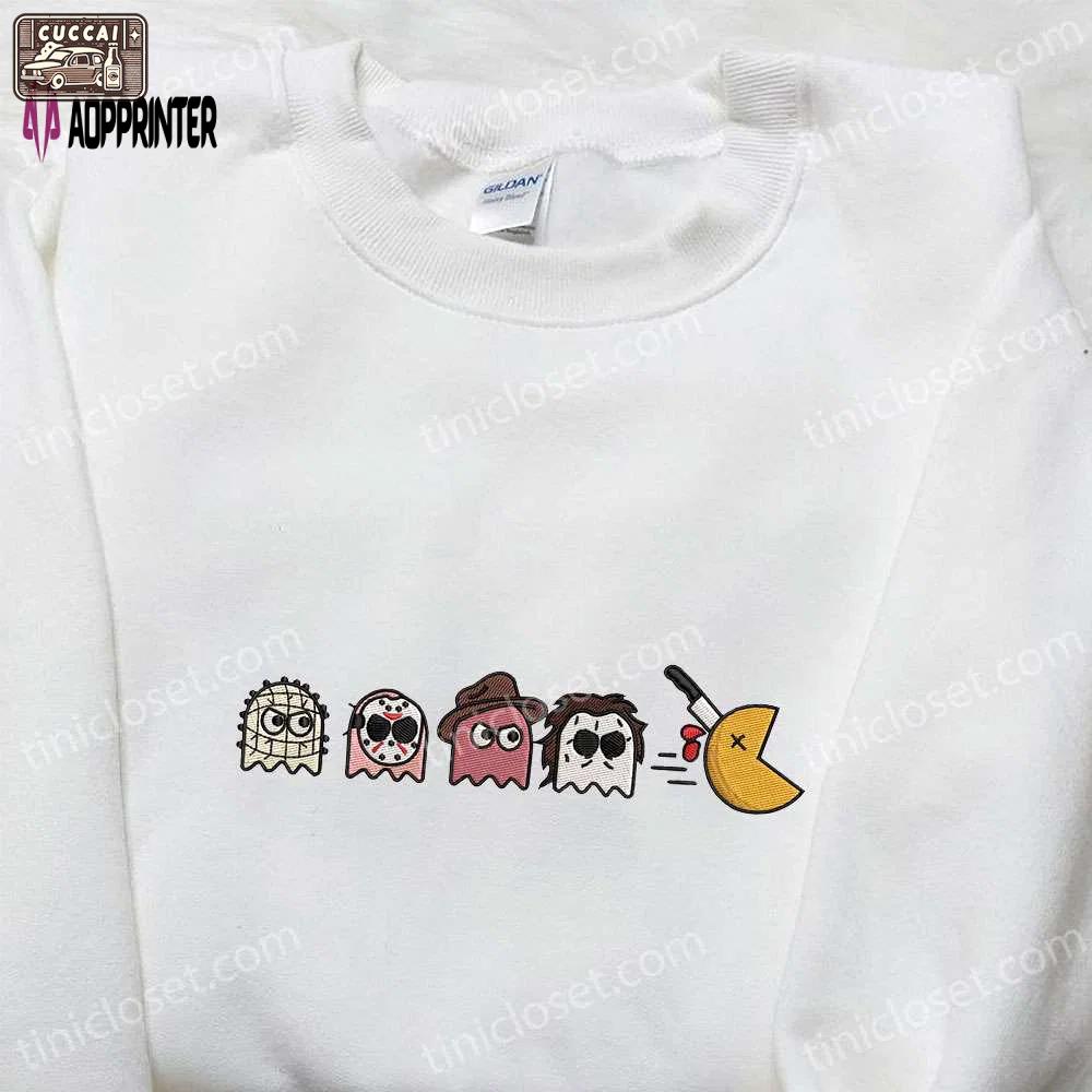 Horror characters x chibi pacman game embroidered shirt – best halloween gift game inspired tee Embroidered Shirt