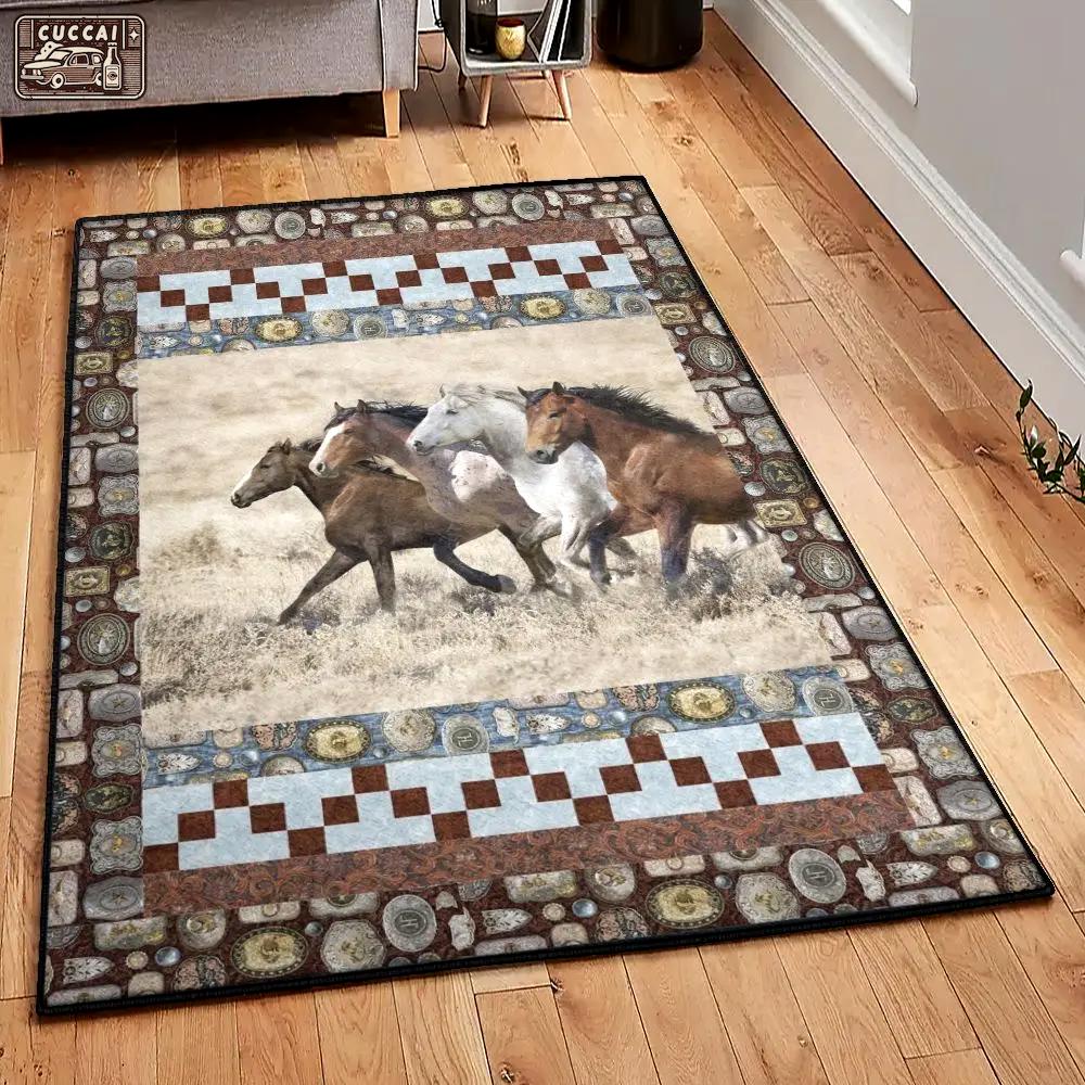 Horsing art deco rug, vintage horses rug Rectangle Rug