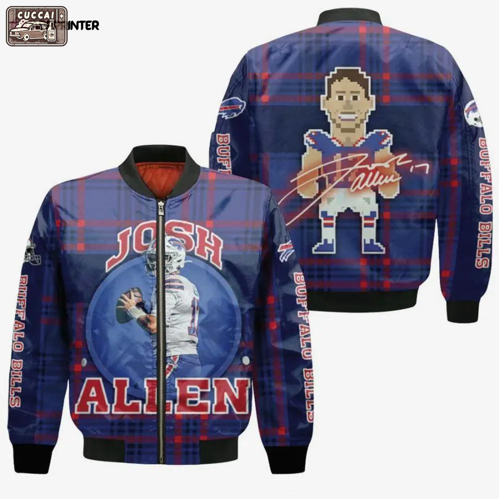 Josh allen buffalo bills signature pattern bomber jacket – navy blue Bomber Jacket