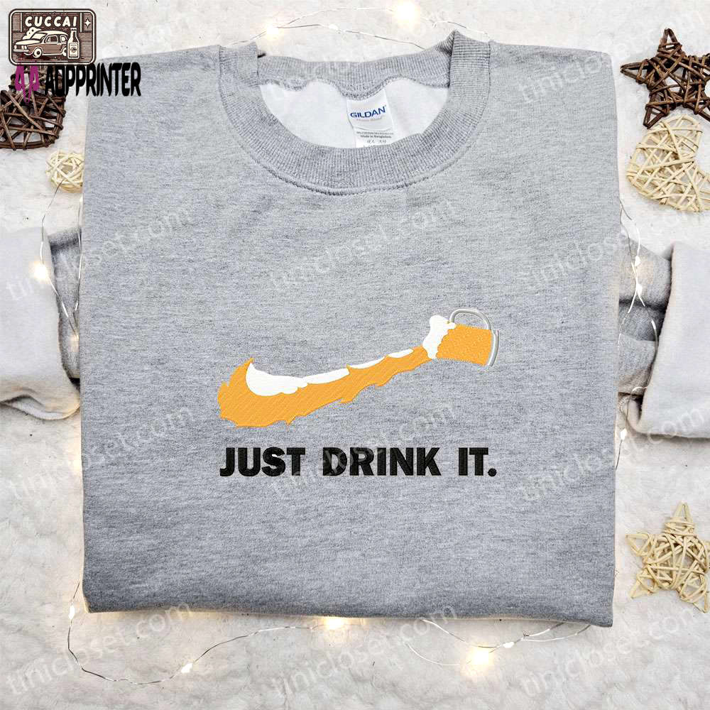 Just drink it x nike swoosh hoodie – best nike inspired embroidered shirt for him Embroidered Shirt