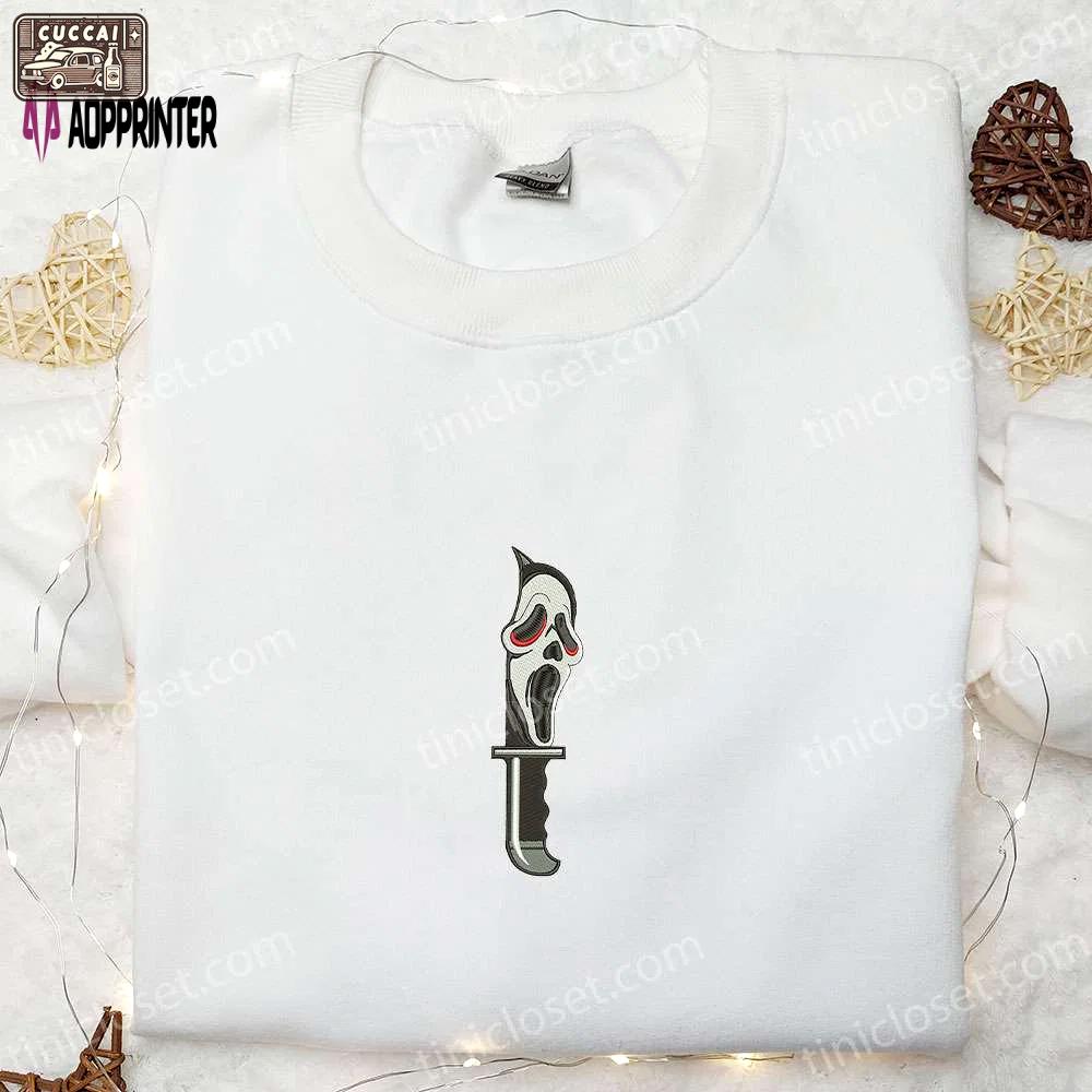 Knife ghost face embroidered hoodie: scary horror characters sweatshirt – perfect halloween gifts! Embroidered Shirt
