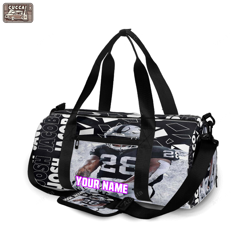 Las vegas raiders josh jacobs 28 v2 personalized name travel bag gym bag 1827 Travel Bag