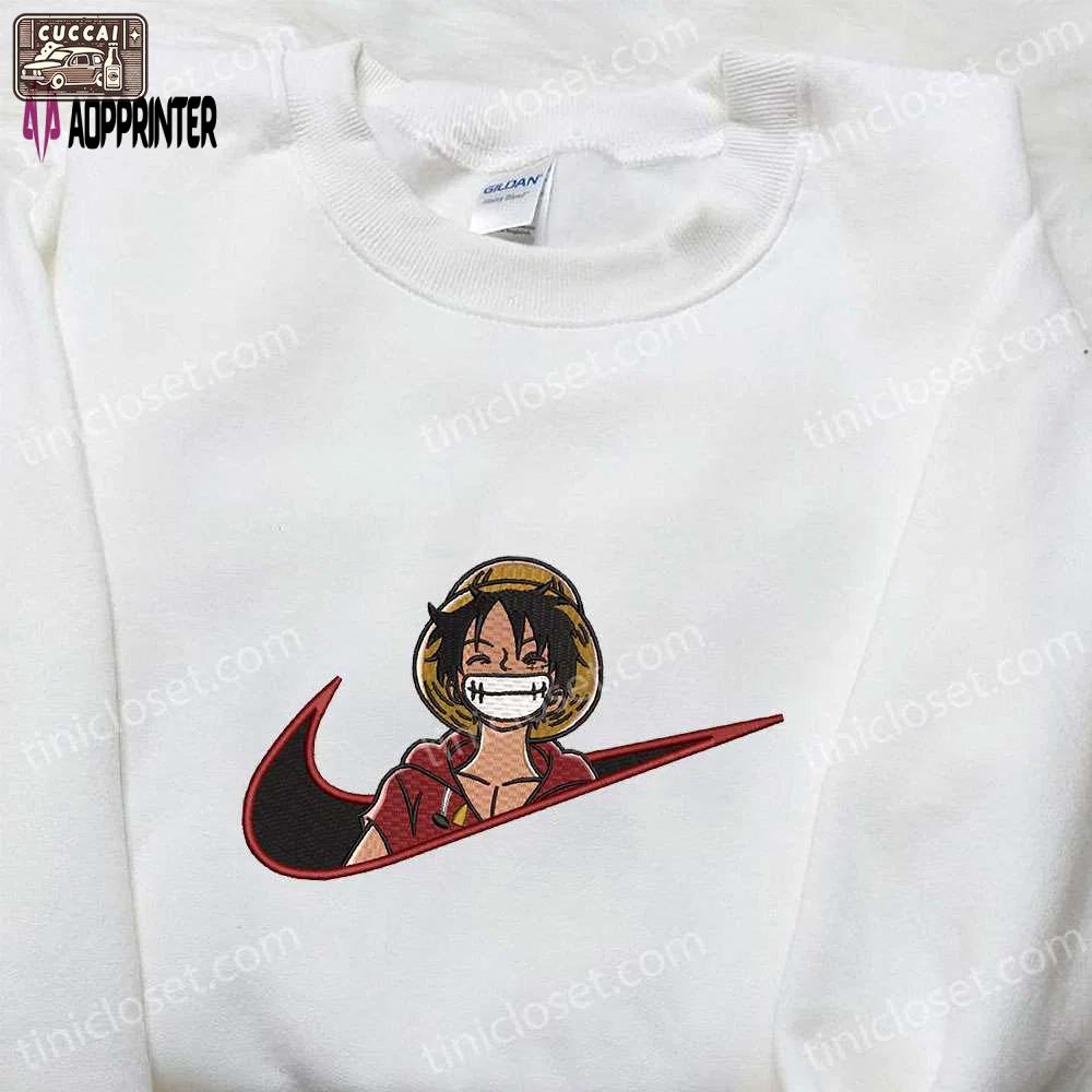 Laughing monkey d luffy x nike swoosh tshirt: one piece embroidered shirt nike inspired Embroidered Shirt
