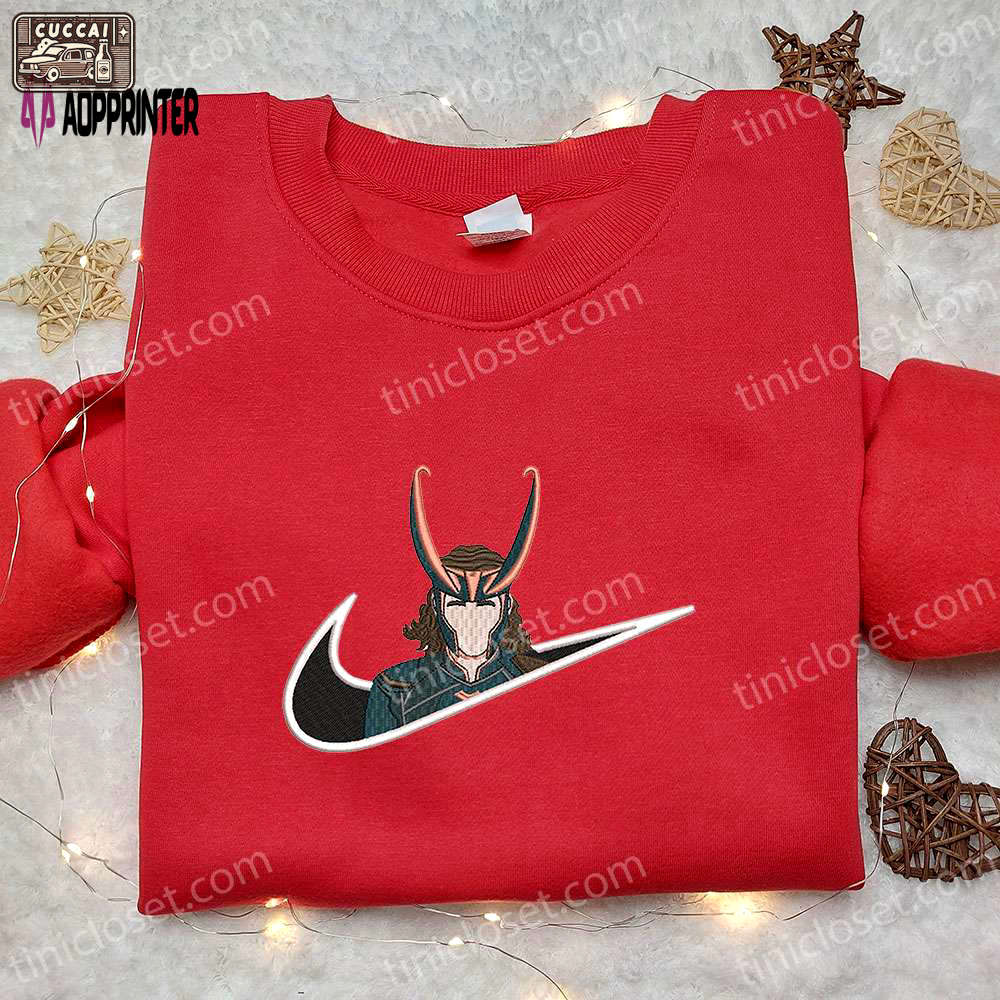 Loki x nike swoosh movie embroidered sweatshirt & marvel universe shirt: nike inspired embroidery Embroidered Shirt
