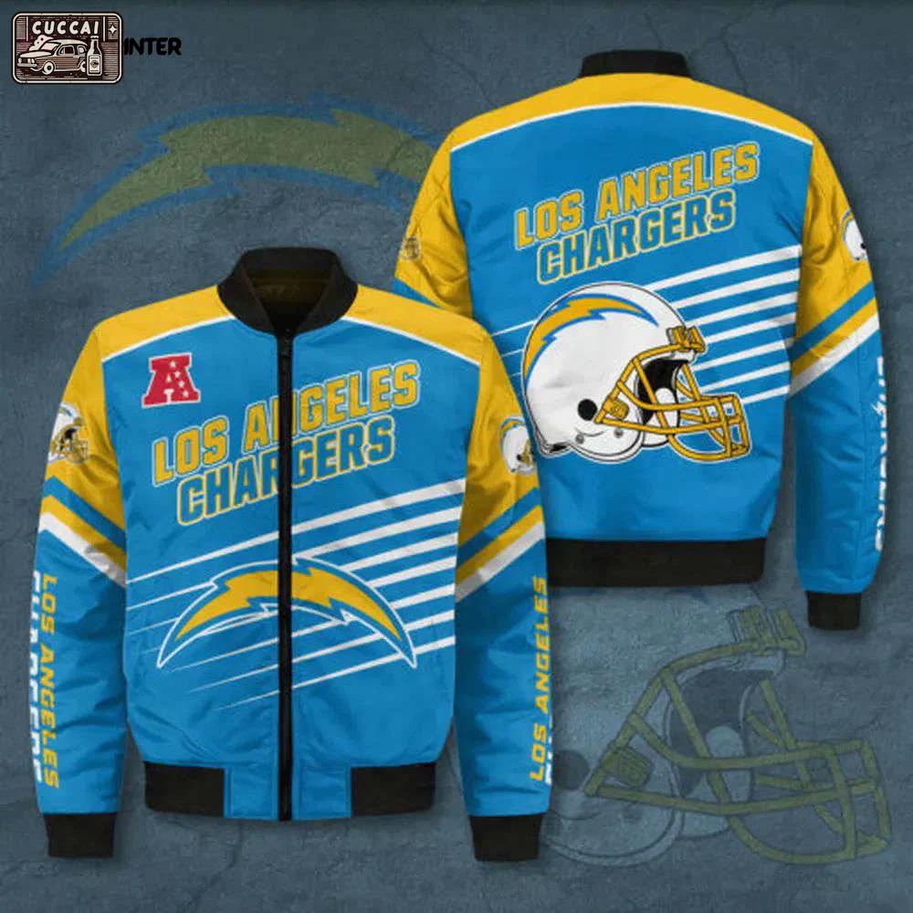 Los angeles chargers 3d logo pattern bomber jacket – blue and yellow Bomber Jacket