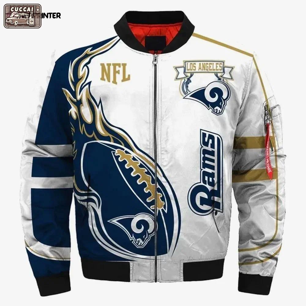 Los angeles rams logo pattern bomber jacket – white and navy Bomber Jacket