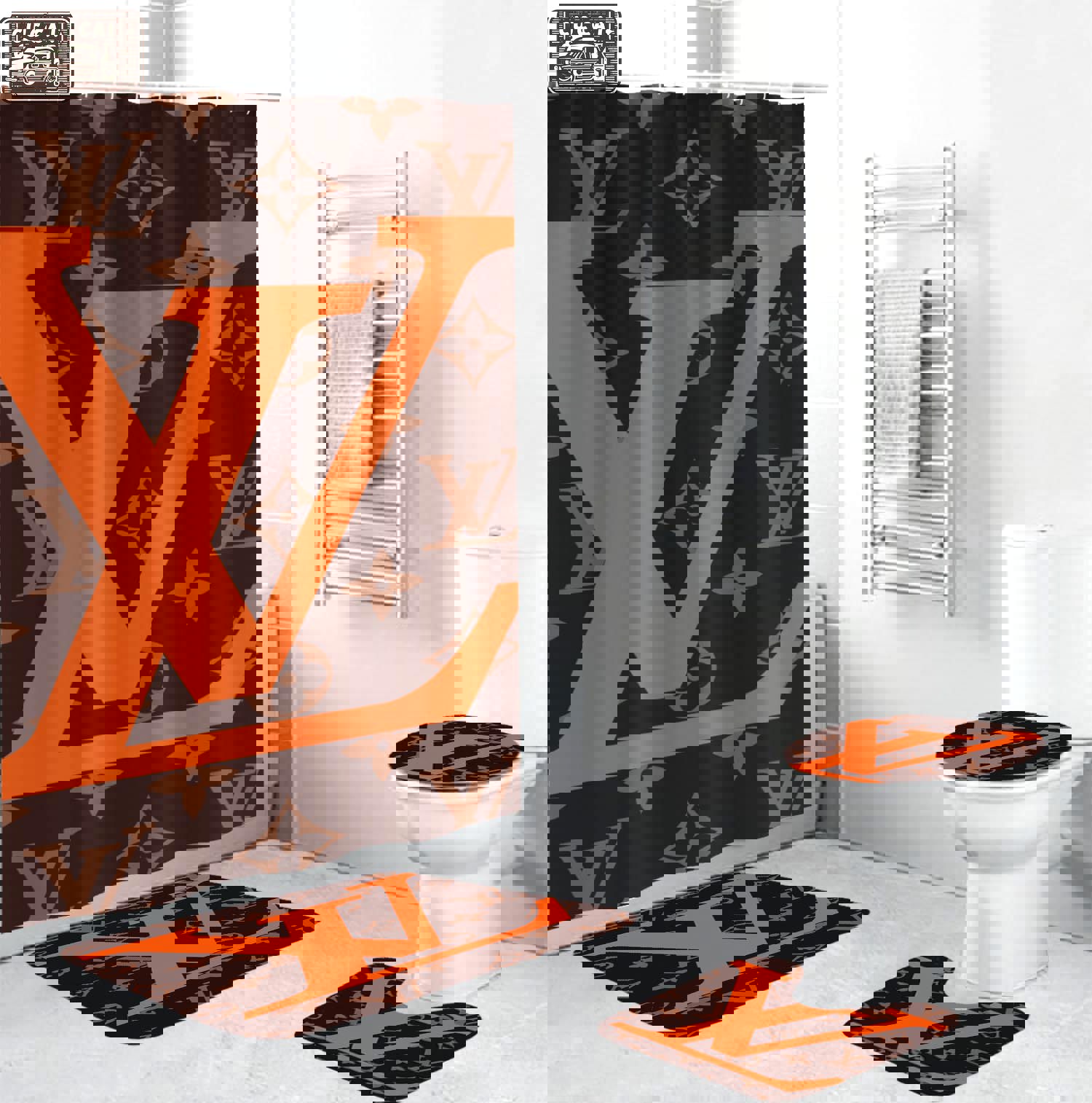 Louis vuitton big orange logo type 1356 Bathroom Accessory Sets Bath Mat Set Pedestal Rug Luxury Fashion Brand Home Decor Hypebeast Bathroom Waterproof Shower Curtain Bathroom Sets Toilet Cover