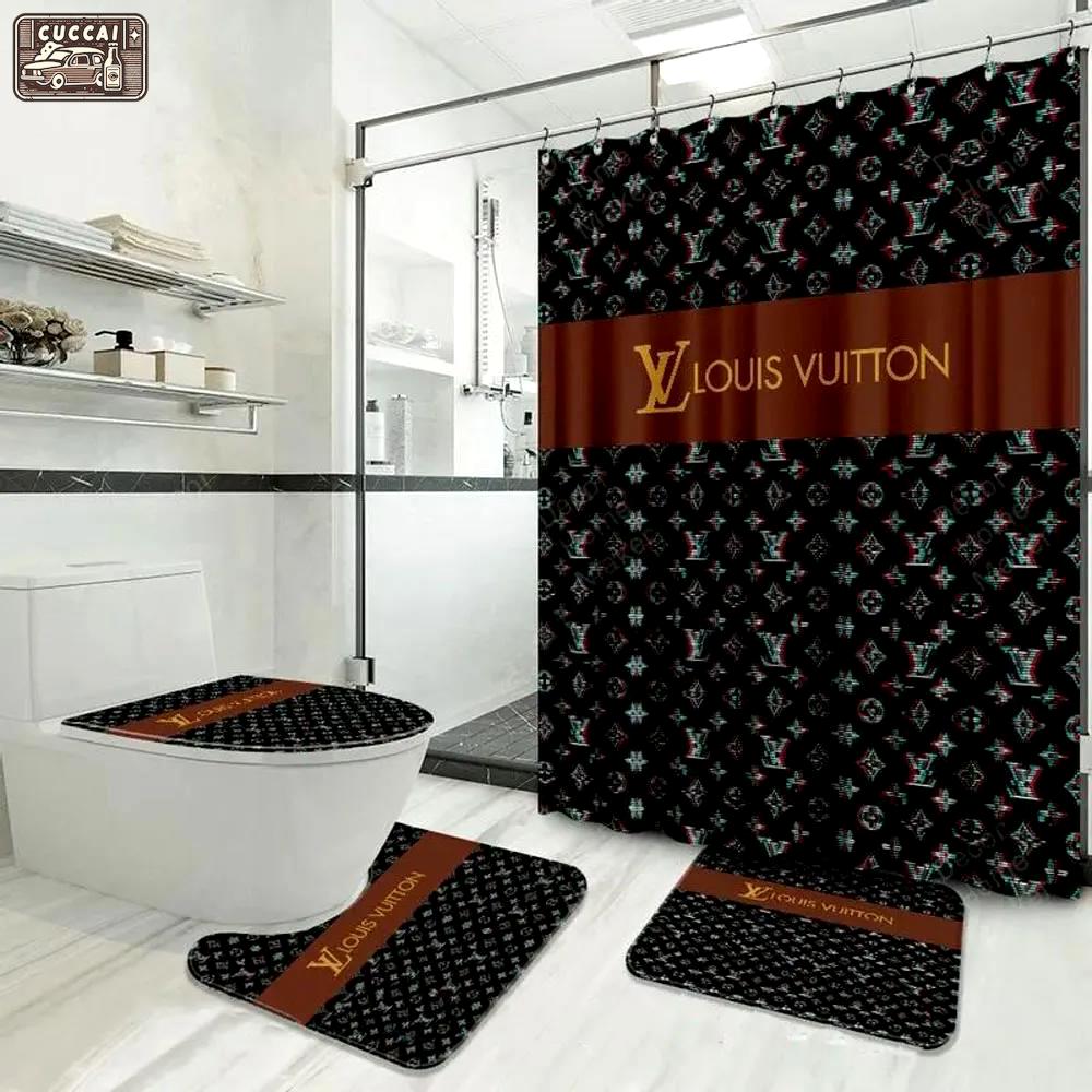 Louis vuitton black monogram fashion bathroom set luxury shower curtain bath rug mat home decor Bathroom Set