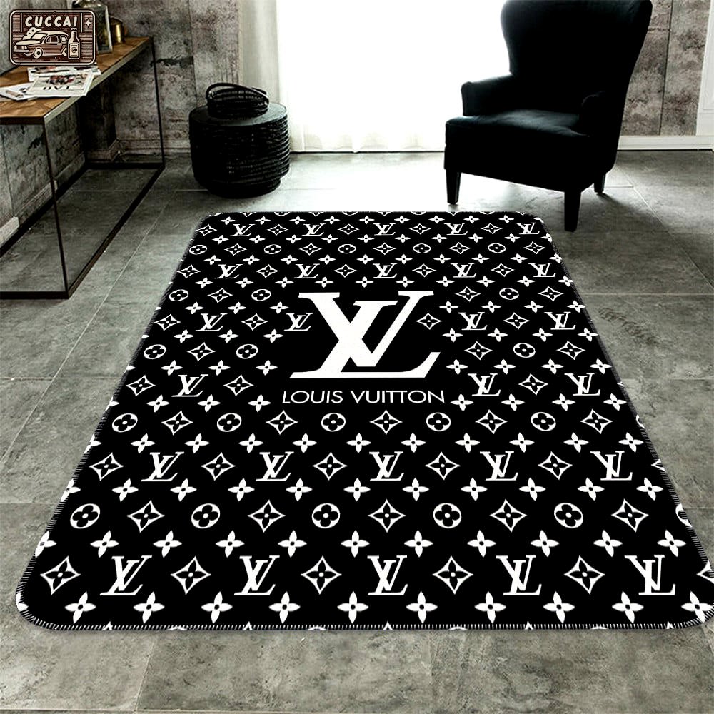 Louis vuitton black white logo type 609. Upgrade Your Living Room with Luxury Home Decor: Area Carpets, Floor Decor, Door Mats, and Hot Gift Items with style a High-End Fashion Brand Rectangle Rug