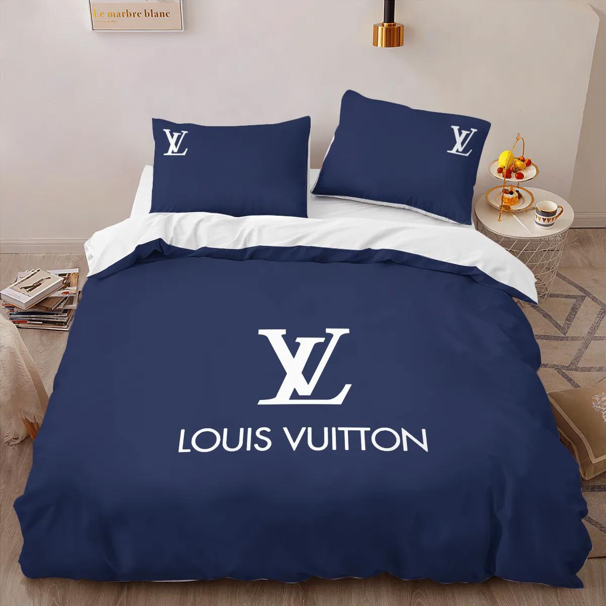 Louis vuitton blue logo limited edition luxury brand high-end bedding sets lv, bedroom decor , thanksgiving decorations for home best luxury bed sets gift thankgivings and christmas Bedding Sets