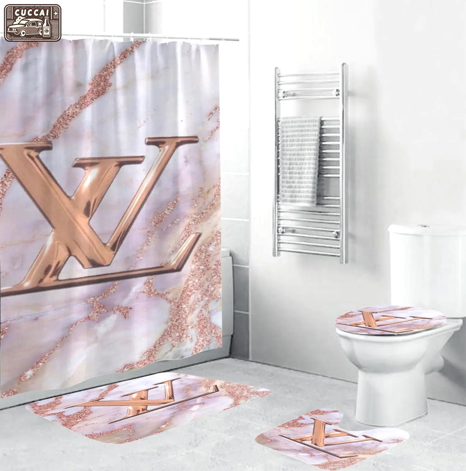Louis vuitton bronze logo in marble background shower curtain set 350 Bathroom Set