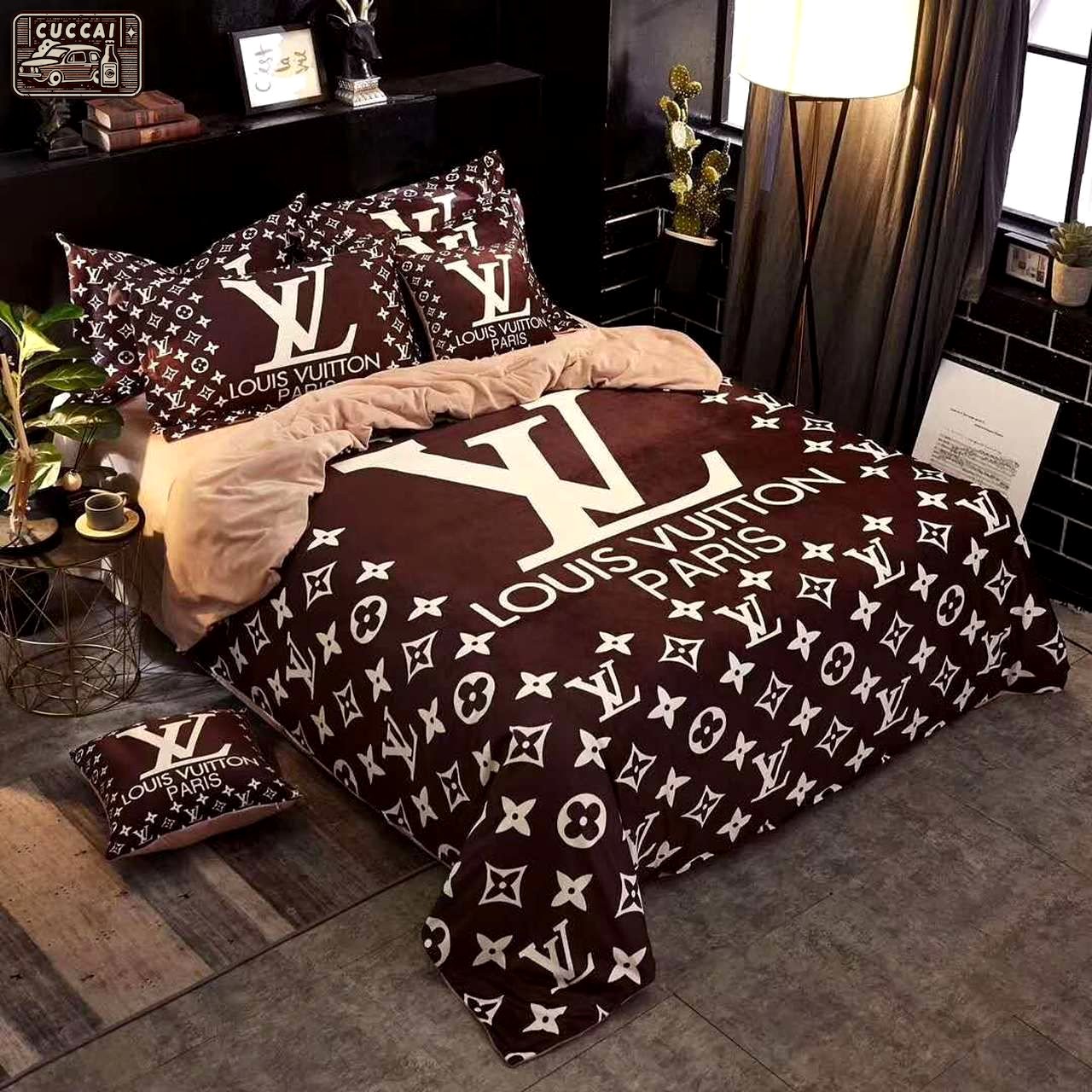 Louis vuitton brown white logo fashion luxury brand bedding set home decor Bedding Sets