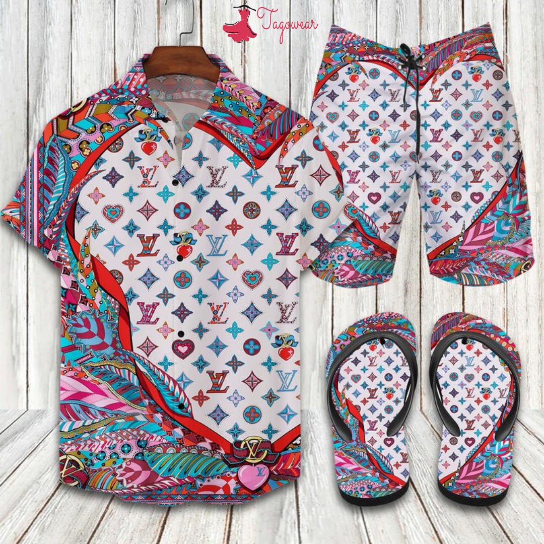 Louis vuitton flip flops and combo hawaiian shirt, beach shorts luxury summer clothes style #313 Hawaii Shirt Shorts & Flip Flops