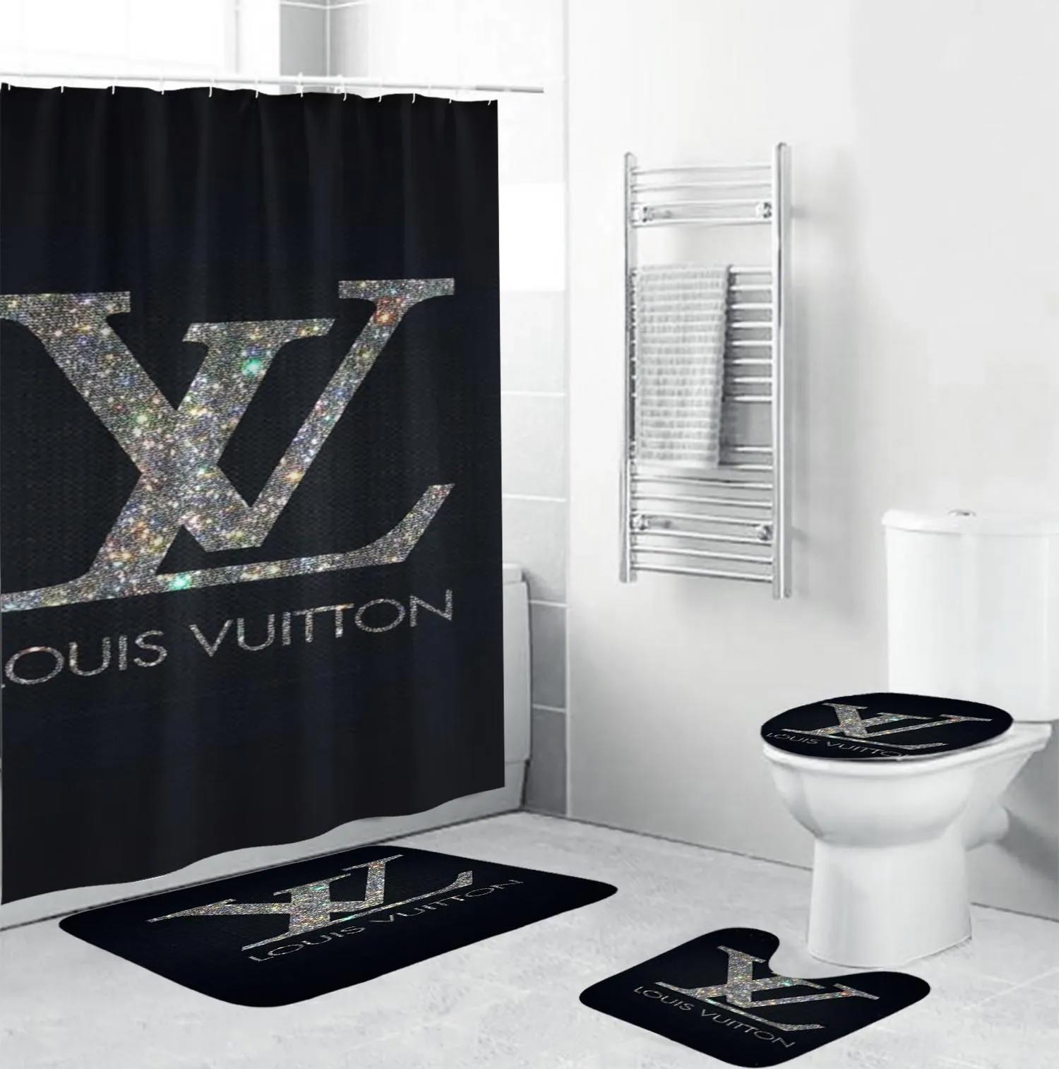 Louis vuitton glitter logo in black background shower curtain set 355 Bathroom Set