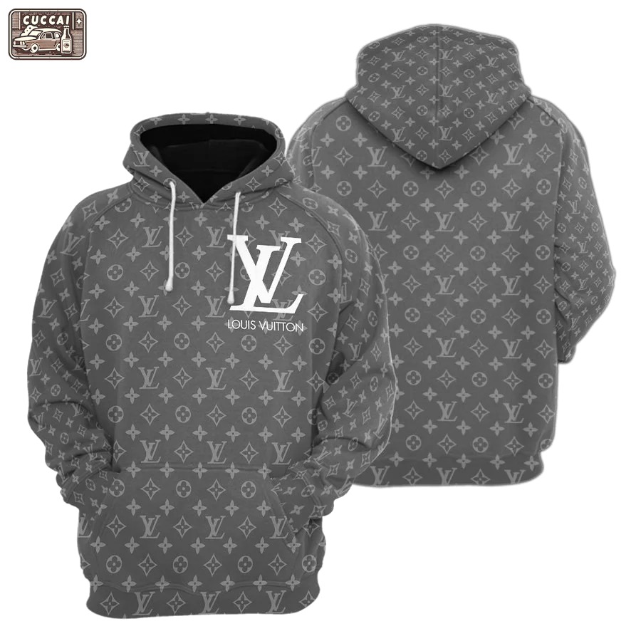 Louis vuitton grey unisex hoodie foren womenuxury brandv clothing clothes outfit 326 Zipper Hoodie 3D